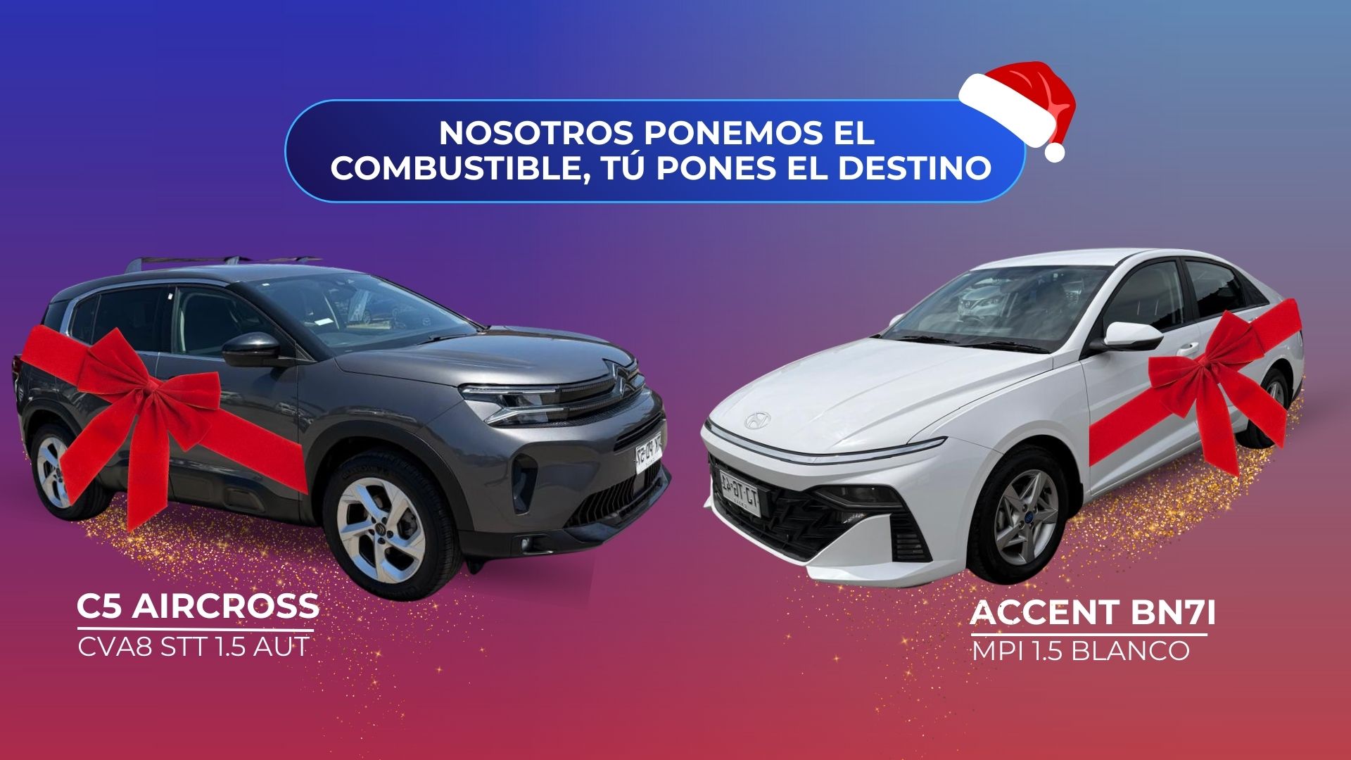 Imagen promocional con un **Citroën C5 Aircross** gris y un **Hyundai Accent BN7I** blanco, ambos adornados con lazos rojos festivos. Oferta: **tanque lleno de combustible gratis** con la compra de cualquiera de los dos modelos