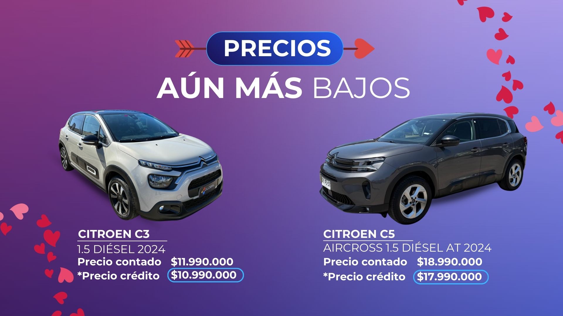 Banner promocional de Caroutlet para febrero 2026 mostrando ofertas en modelos Citroën 2024. A la izquierda, un Citroën C3 1.5 Diésel blanco con precio crédito de $10.990.000. A la derecha, un SUV Citroën C5 Aircross 1.5 Diésel AT gris con precio crédito de $17.990.000. Gráfica con estética de San Valentín sobre fondo morado.