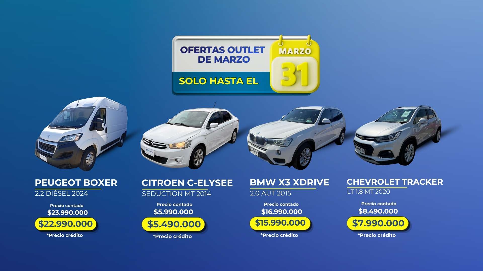 Ofertas de autos usados en CarOutlet: Peugeot Boxer 2024, Citroen C-Elysee 2014, BMW X3 2015 y Chevrolet Tracker 2020 con precios rebajados y opciones de financiamiento