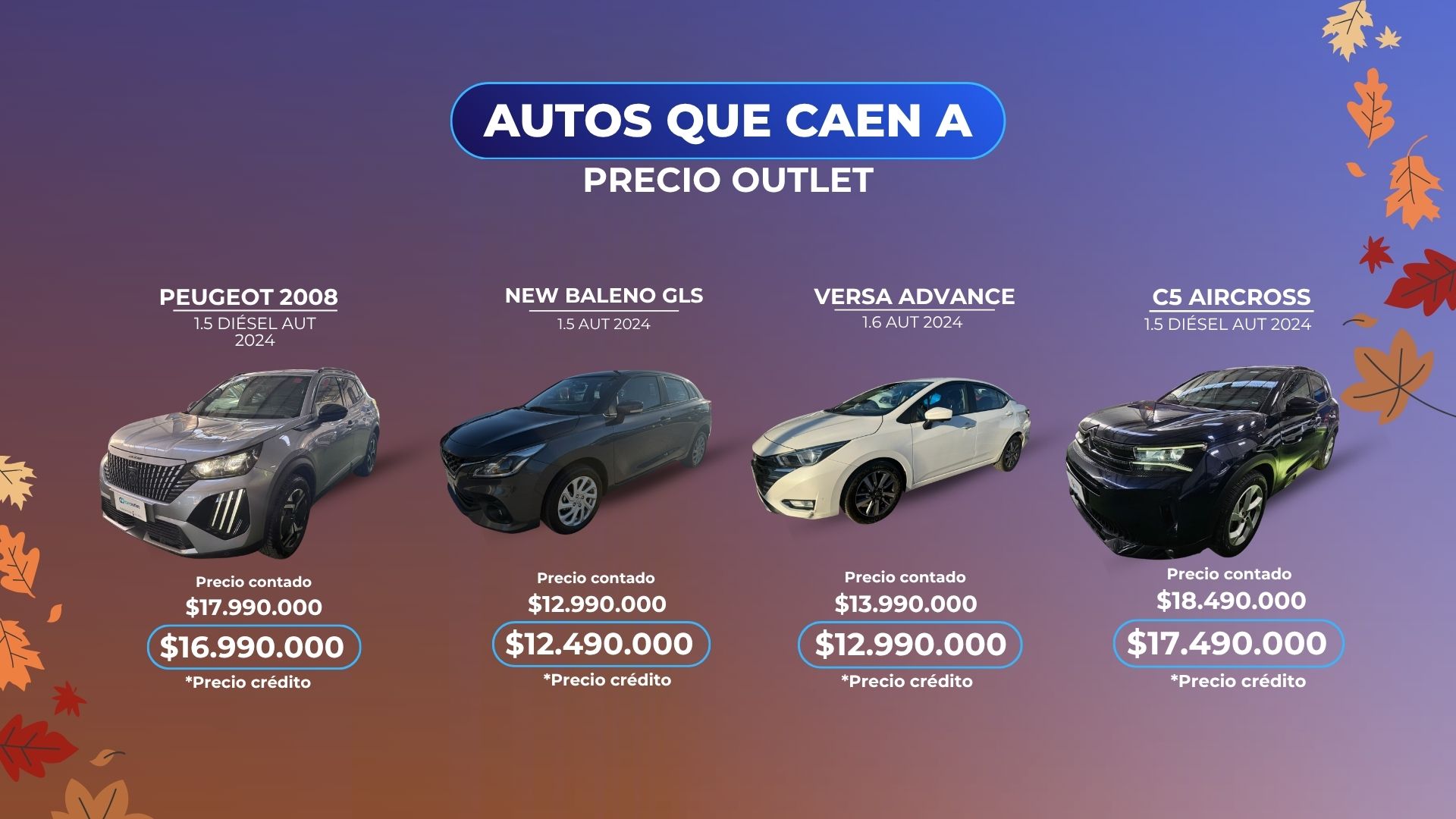 Catálogo de autos a precio outlet de abril: Peugeot 2008 Diésel, Suzuki New Baleno GLS, Nissan Versa Advance y Citroën C5 Aircross con descuentos en precio contado y crédito.