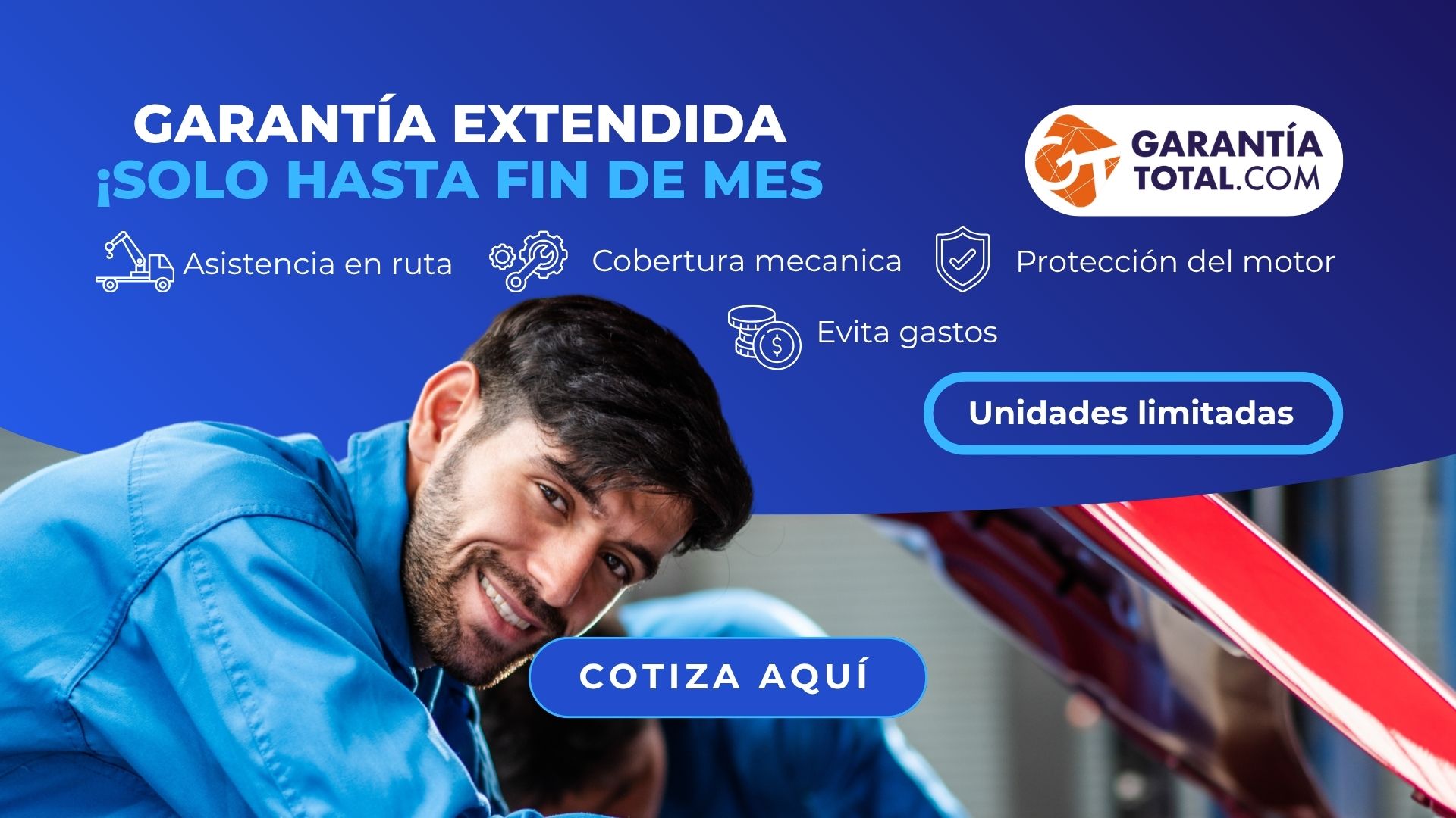 Publicidad de Garantía Total que ofrece garantía extendida para vehículos con asistencia en ruta, cobertura mecánica y protección del motor. Incluye un botón de cotización y aviso de unidades limitadas hasta fin de mes.
