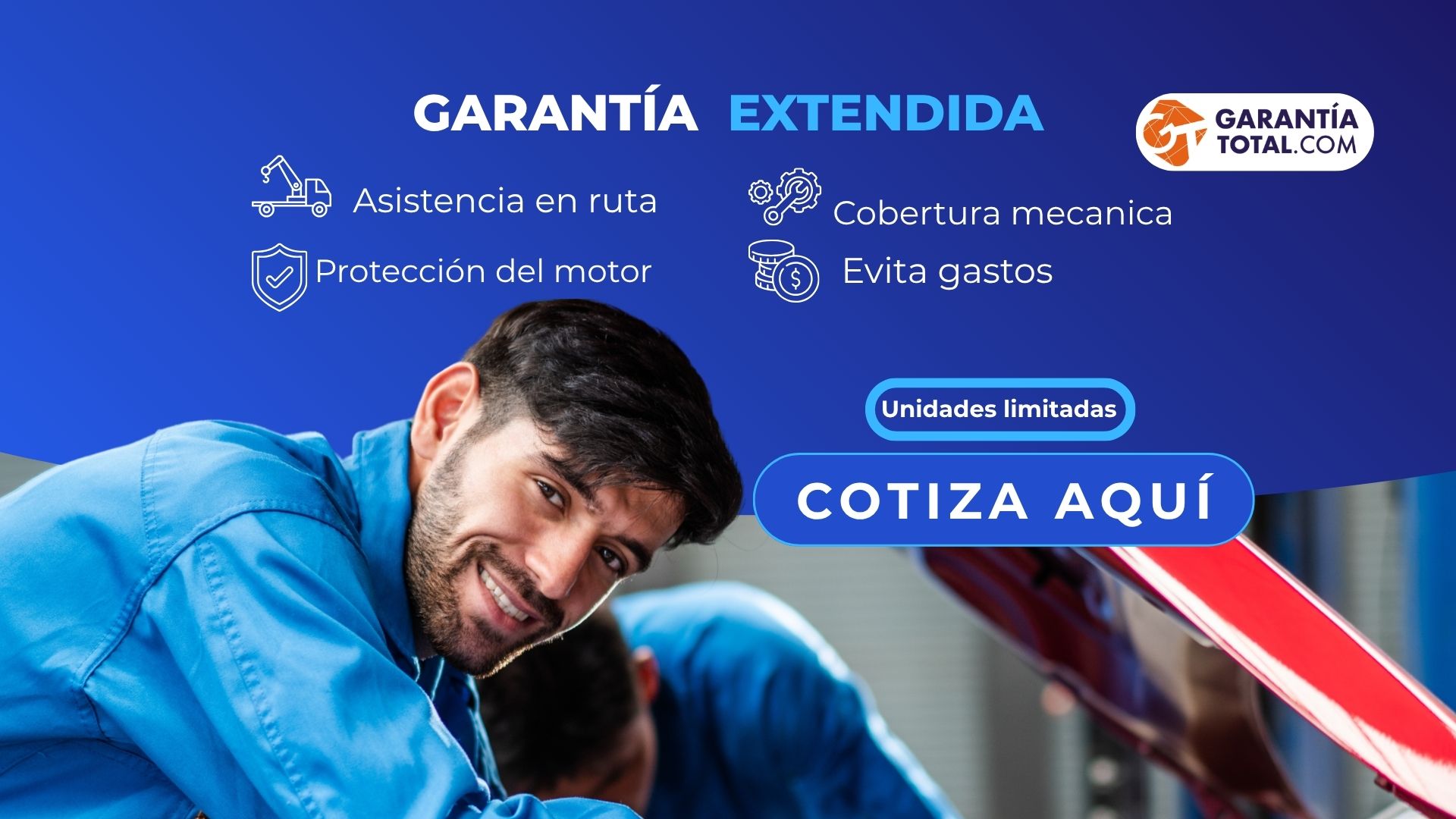 Gráfica promocional de garantía total automotriz con servicios de asistencia en ruta y cobertura mecánica