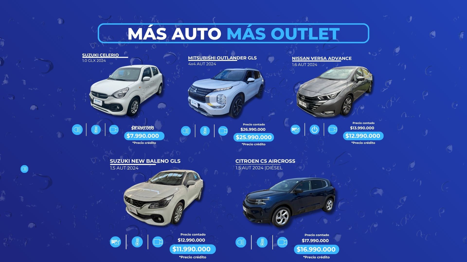 Ofertas de autos en Chile: Suzuki Celerio, Mitsubishi Outlander, Nissan Versa, Suzuki New Baleno y Citroën C5 Aircross con precios especiales de outlet.