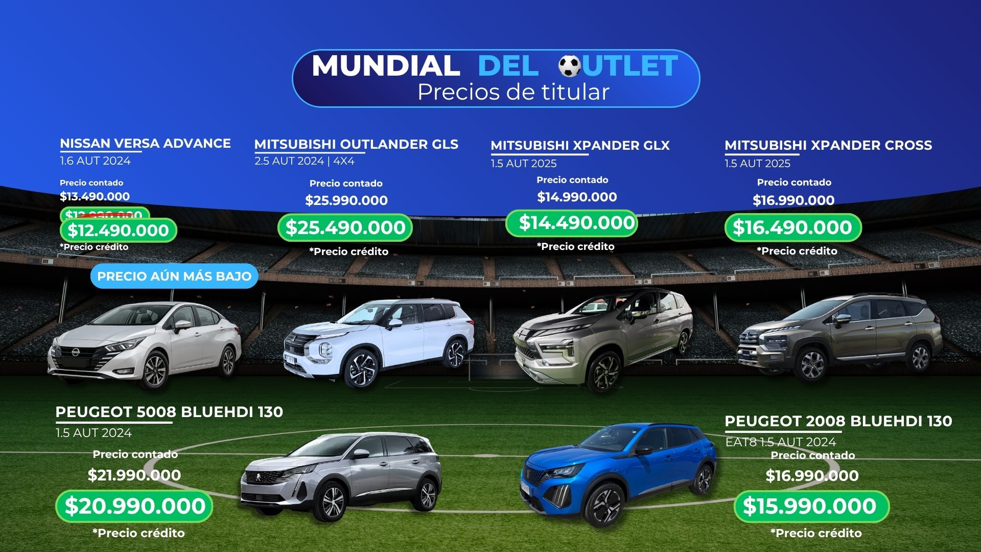 Mundial del Outlet CarOutlet: Nissan Versa, Mitsubishi Outlander GLS, Mitsubishi Xpander GLX, Mitsubishi Xpander Cross, Peugeot 5008 y Peugeot 2008 con descuentos y precios especiales de crédito en Chile.