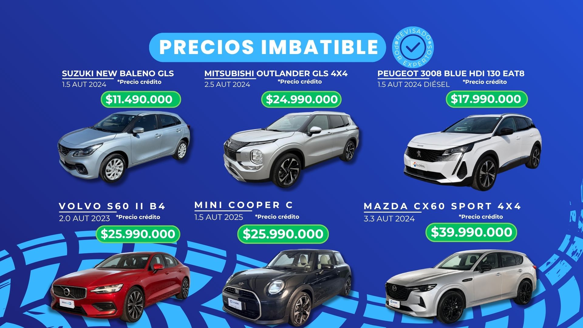 Autos usados en venta en Chile con precio imbatible en CarOutlet. Suzuki Baleno 2024, Mitsubishi Outlander 2024, Peugeot 3008 2024, Volvo S60 2023, Mini Cooper 2025 y Mazda CX-60 2024 con financiamiento disponible.